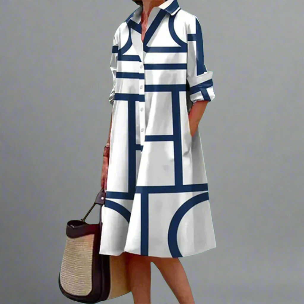 Cosima - Robe Midi à Rayures Géométriques Bleues Élégante