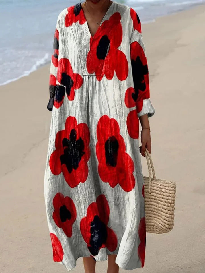 Alba | Robe Longue avec Fleurs Rouges.