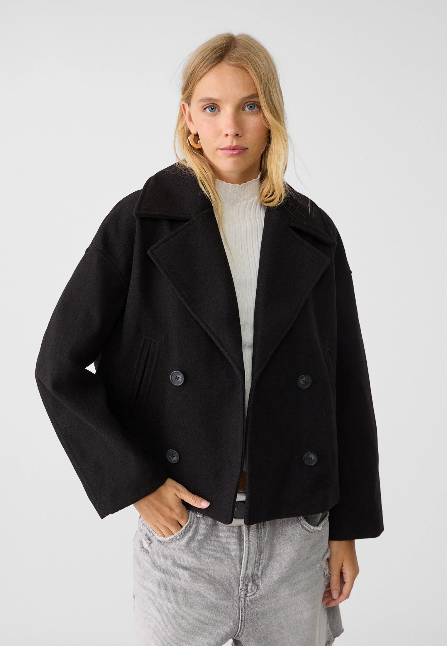 Manteau court femme croise fermeture boutons manches longues