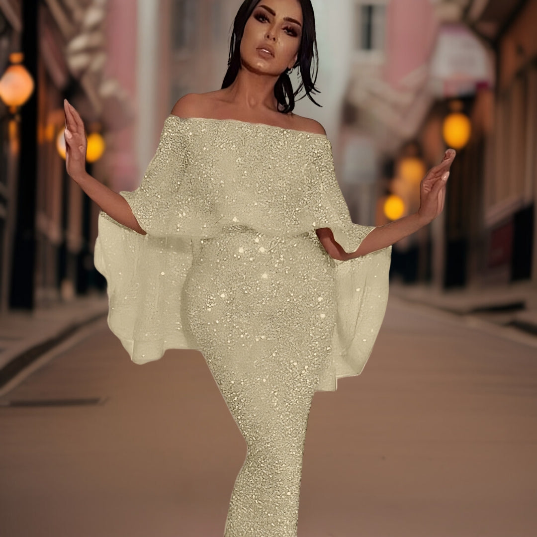 Robe longue pour femme | Épaules dénudées à paillettes pour soirées