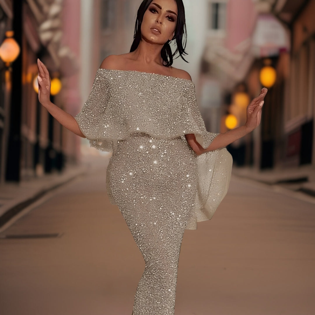 Robe longue pour femme | Épaules dénudées à paillettes pour soirées
