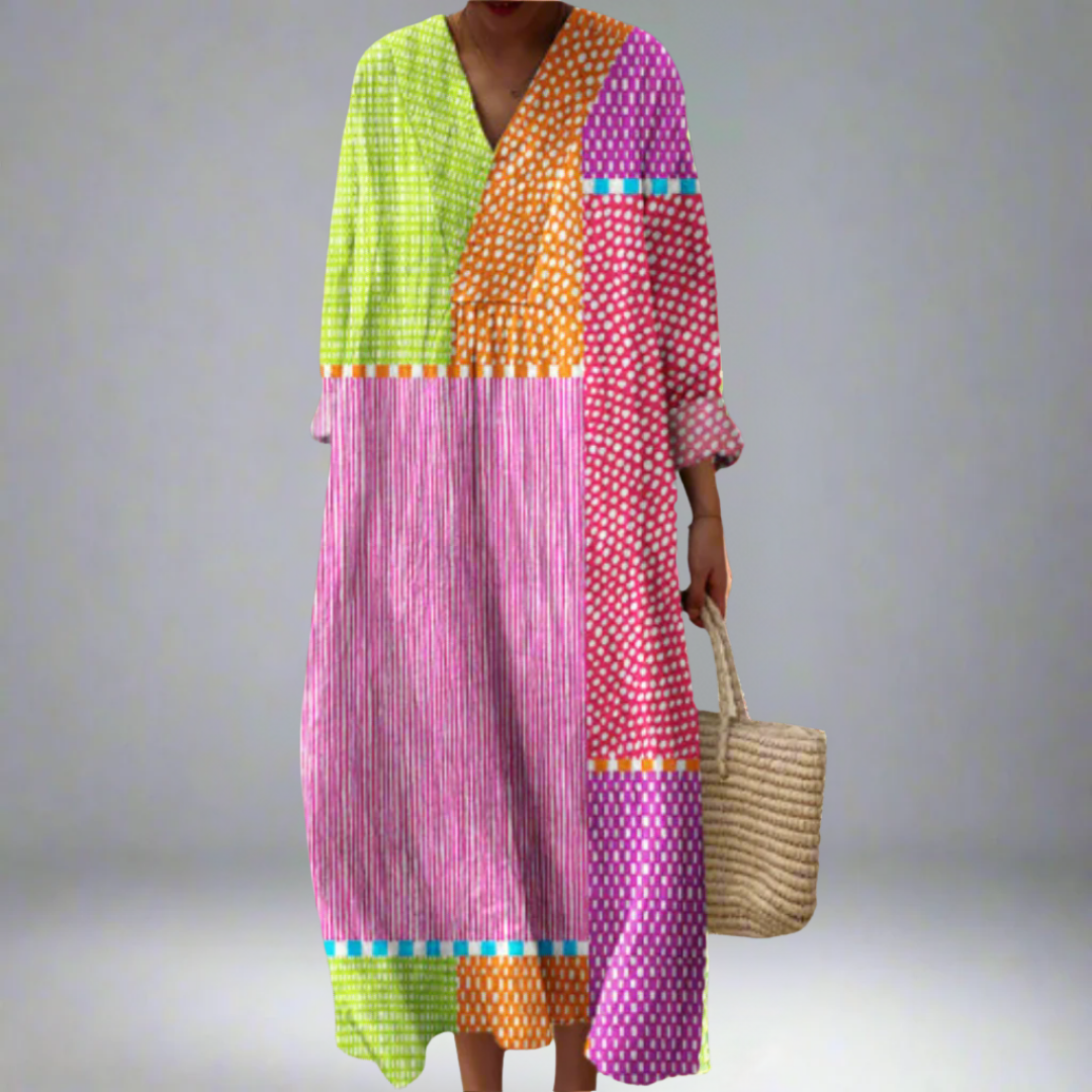 Zélie | Robe patchwork multicolore avec des pois et des rayures