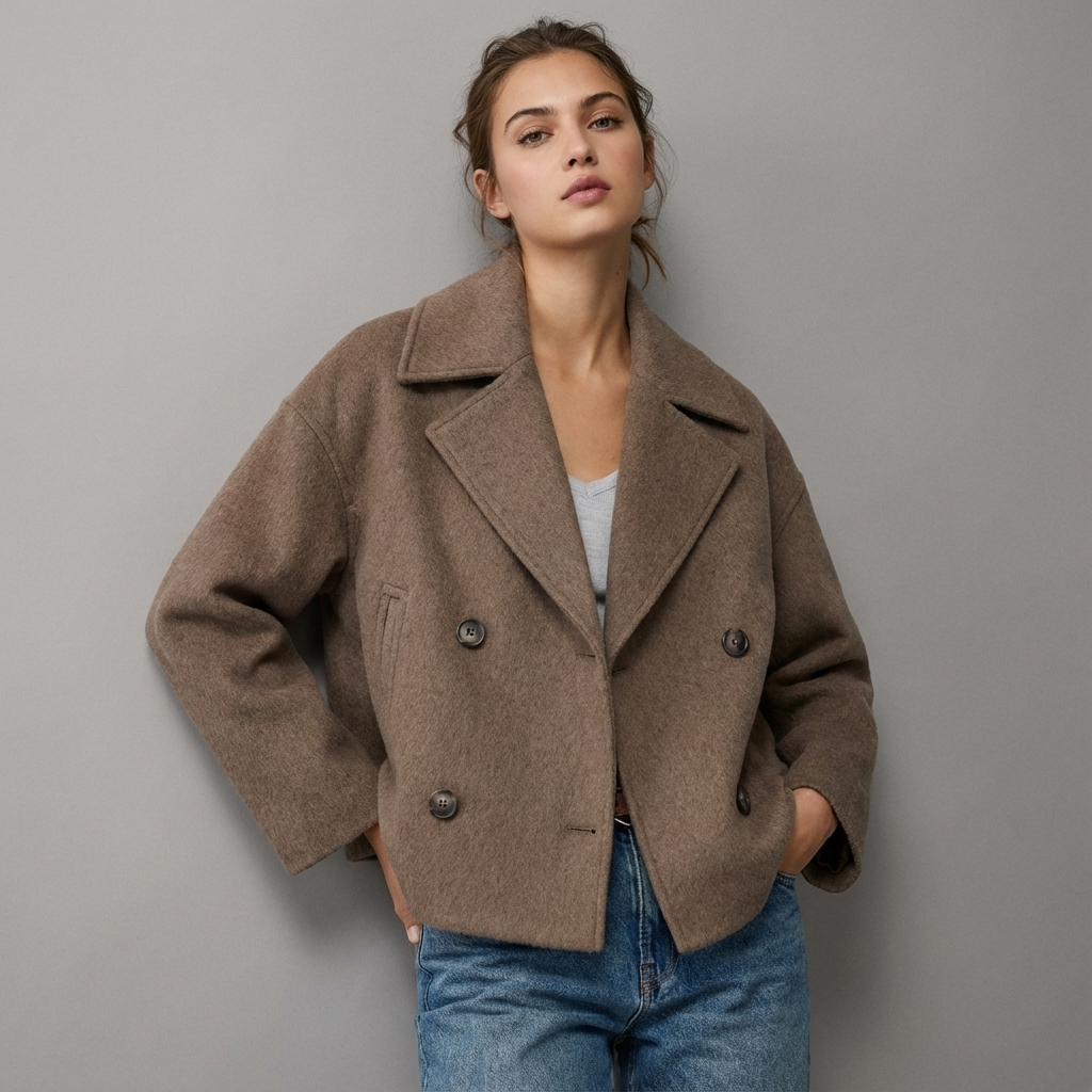 Manteau court femme coupe carrée croisée à boutons