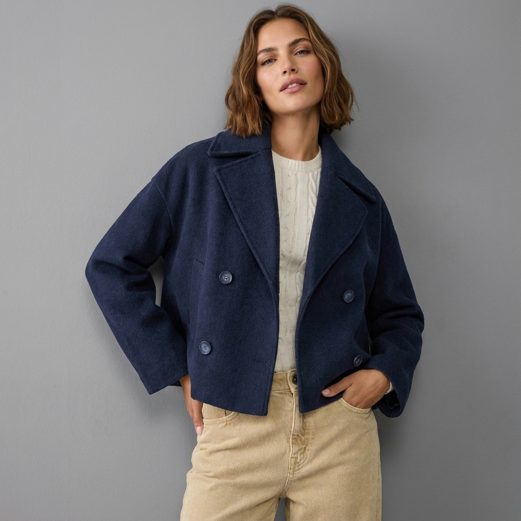Manteau court femme coupe carrée croisée à boutons