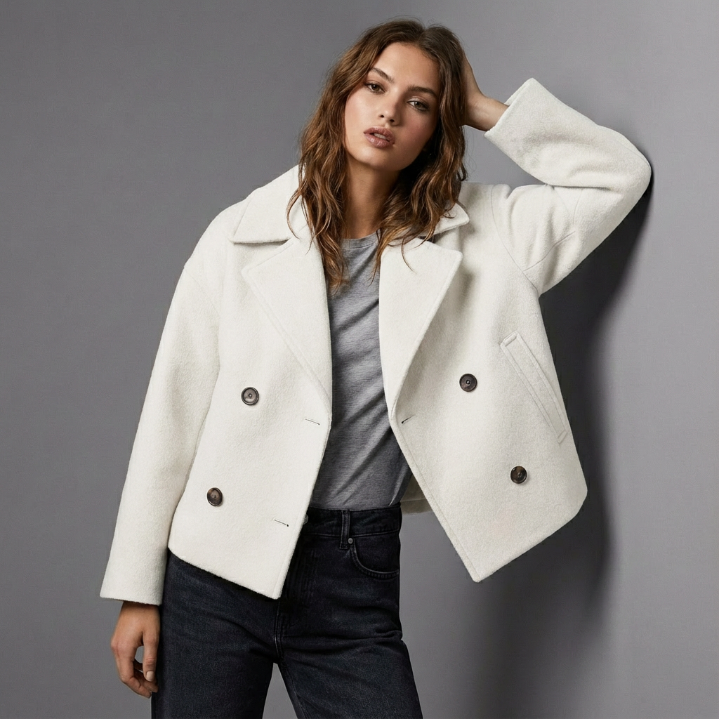 Manteau court femme coupe carrée croisée à boutons