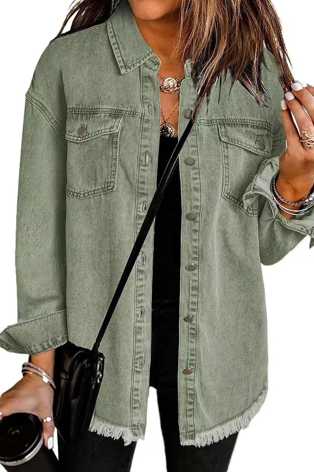 Huile d'Olive Verte - Veste en Jean Classique pour Usage Quotidien