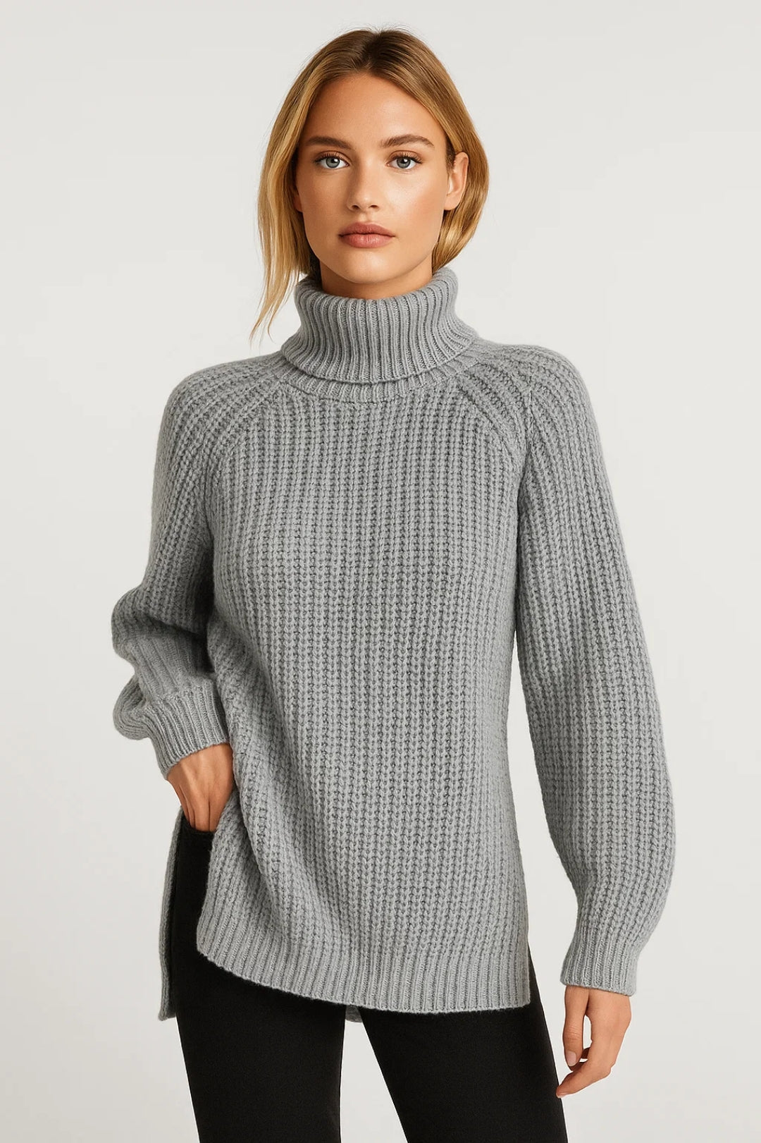 Pull long col roulé femme | Pull tricoté chaud et confortable