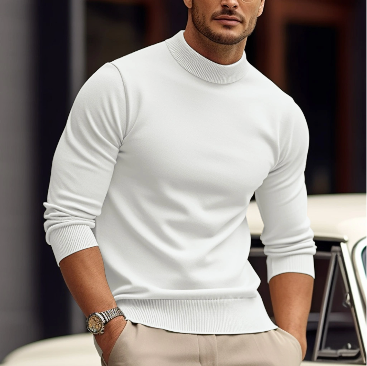 Pull homme col roulé manches longues coupe ajustée