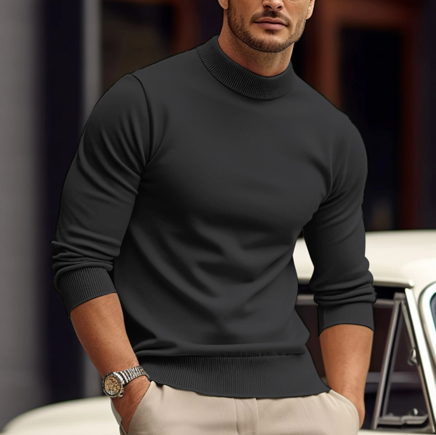 Pull homme col roulé manches longues coupe ajustée