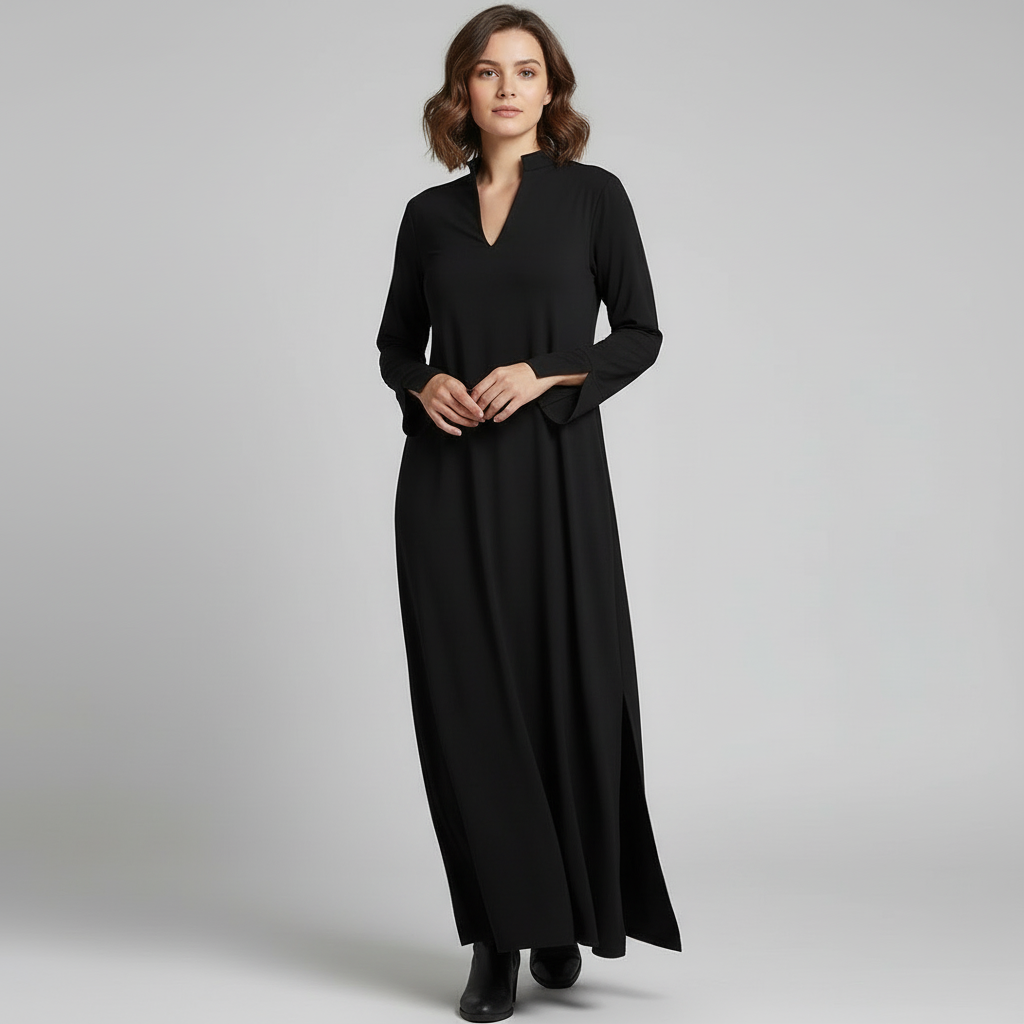 Robe longue femme coupe ample avec col en V et manches