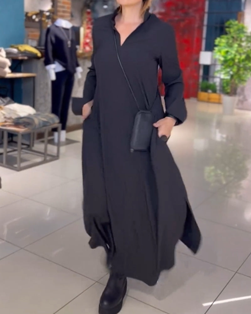 Robe longue femme coupe ample avec col en V et manches