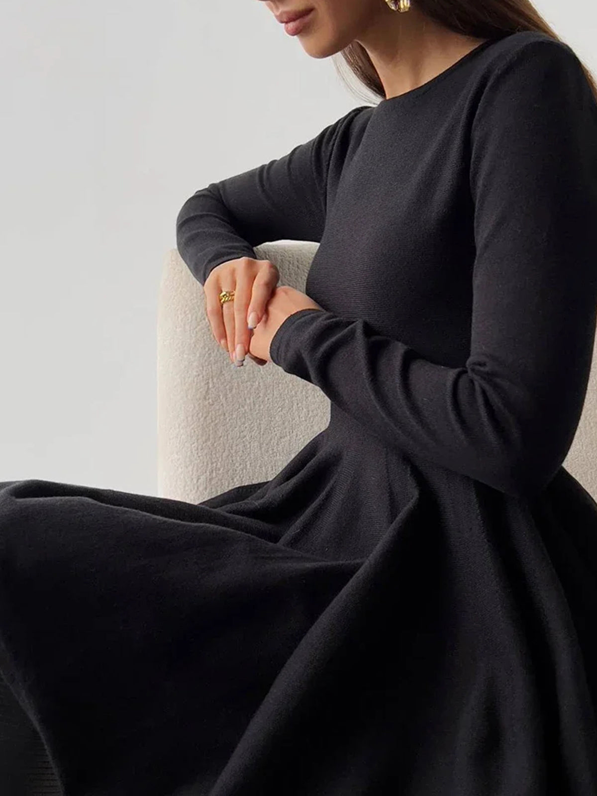 Robe femme | Manches longues, coupe trapèze, col rond