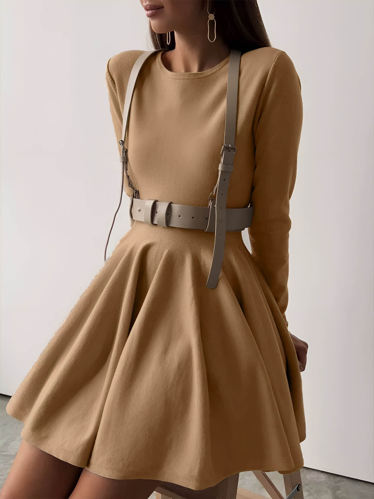 Robe femme | Manches longues, coupe trapèze, col rond