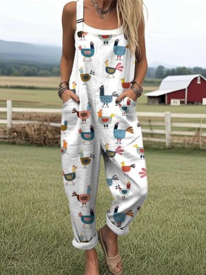 LW | Combinaison avec un motif de jambes larges décontracté pour femmes avec un joli motif de poules de ferme