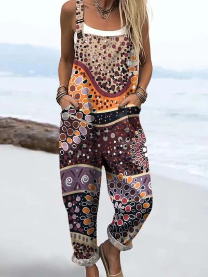LW | Combinaison avec motif géométrique et impression artistique pour femmes, vintage, jambes larges