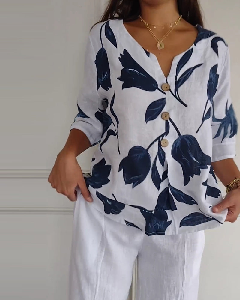 Chemisier en coton et lin à imprimé floral