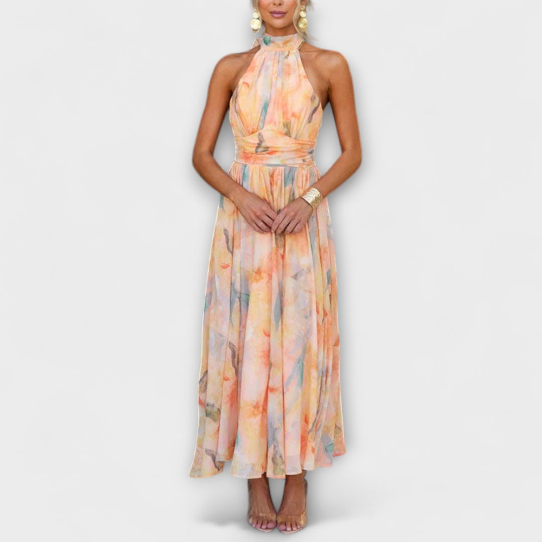Klara | Maxi Jurk met Halternek en Waterverfpatroon