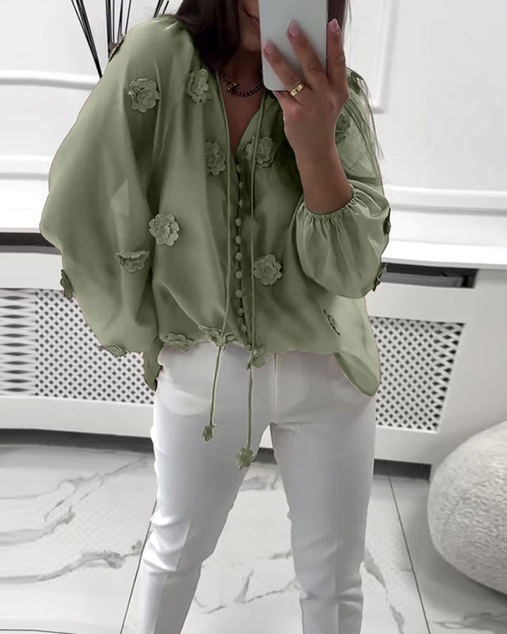 Blouse Unie Fleurs 3D avec Lacets