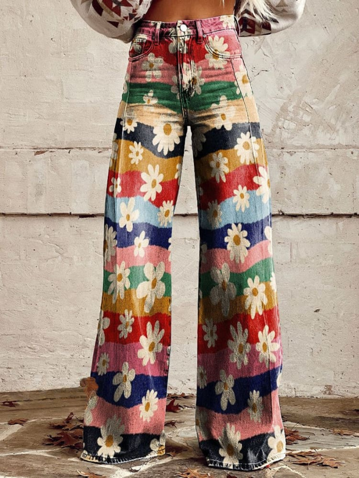 Savannah | Pantalon Flare Taille Haute à Fleurs Rétro
