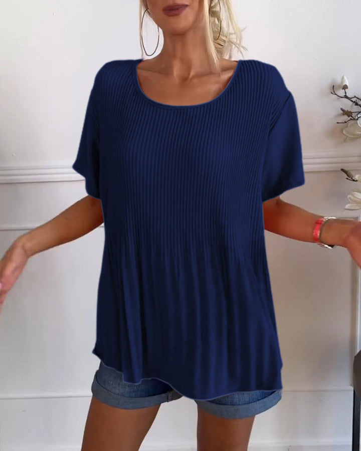 Uni Plissé Round Neck Blouse