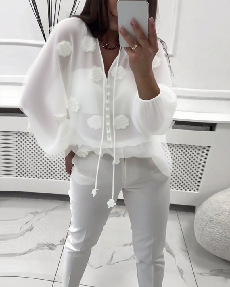 Blouse Unie Fleurs 3D avec Lacets