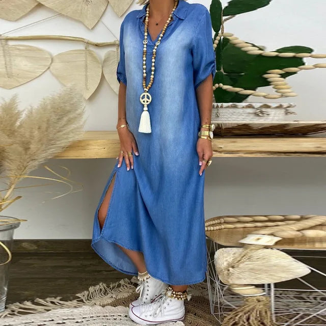 Lea | Lange jurk in jeanslook met zijsplit