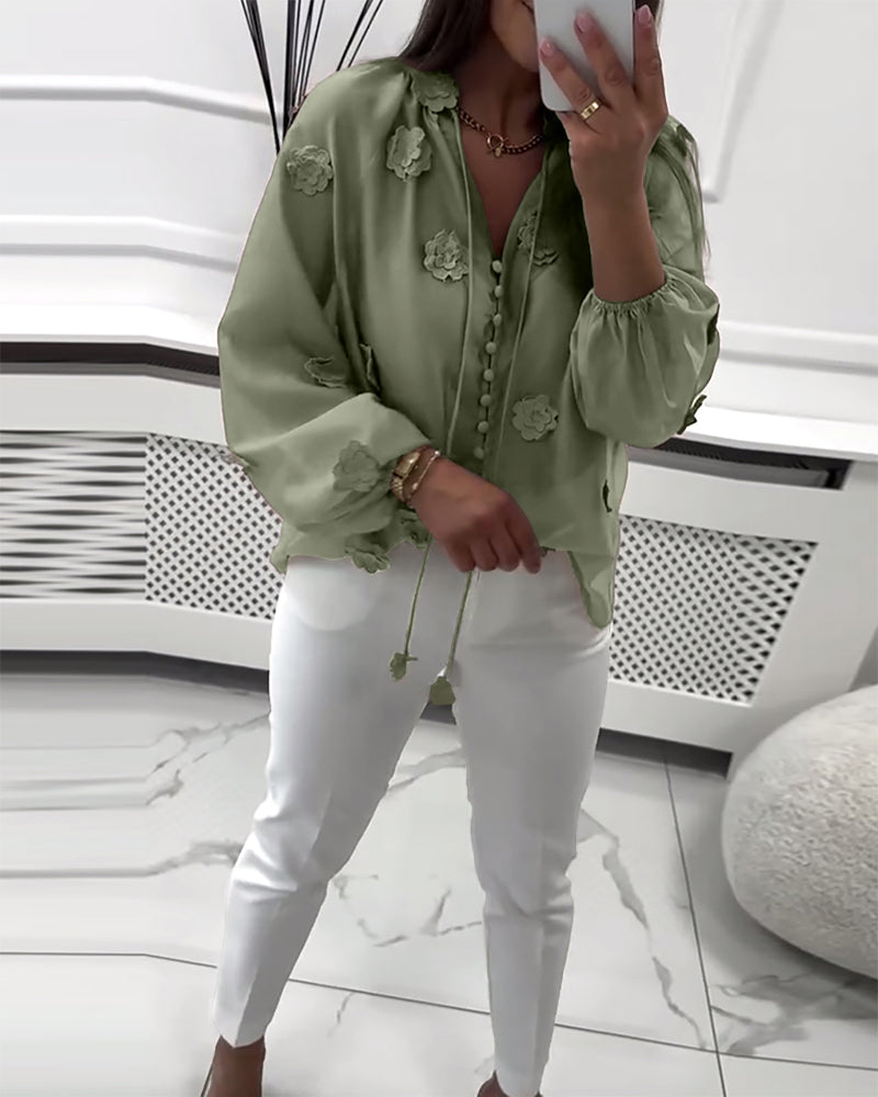 Blouse Unie Fleurs 3D avec Lacets