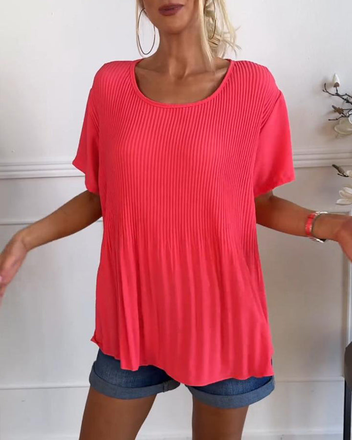 Uni Plissé Round Neck Blouse