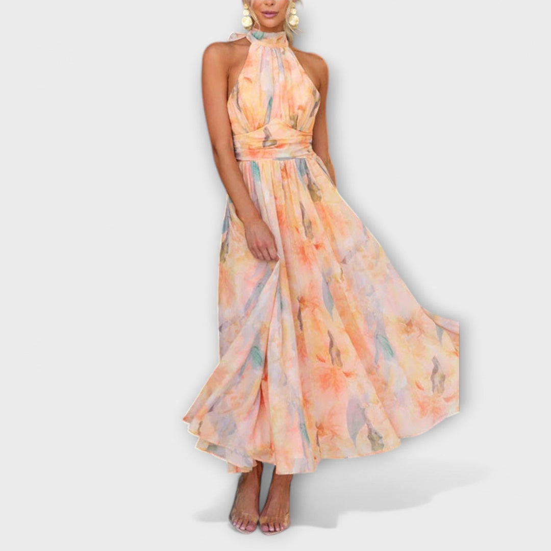 Klara | Robe Maxi avec Décolleté Halter et Motif Aquarelle