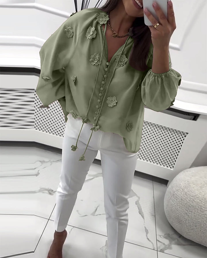 Blouse Unie Fleurs 3D avec Lacets