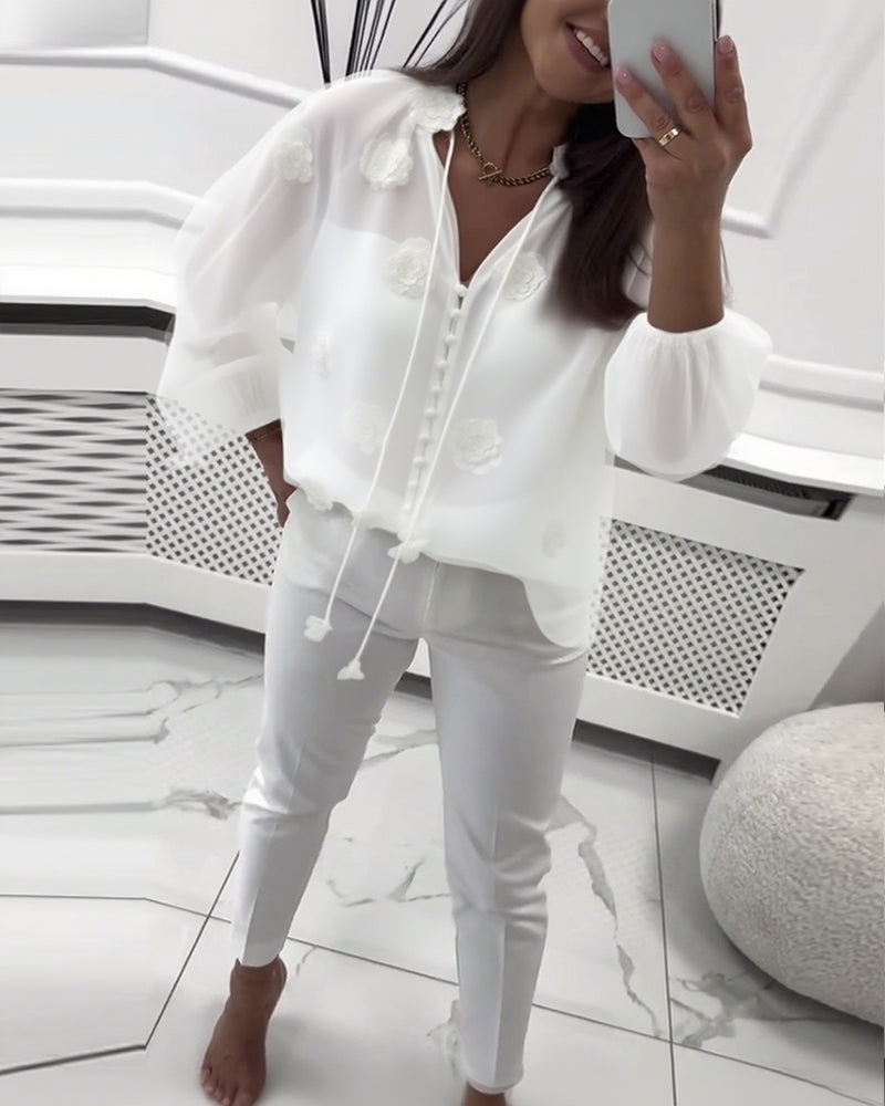 Blouse Unie Fleurs 3D avec Lacets