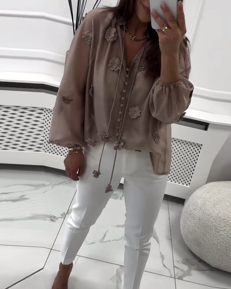 Blouse Unie Fleurs 3D avec Lacets