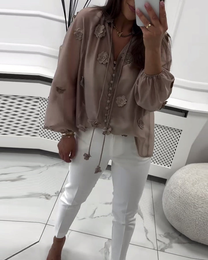 Blouse Unie Fleurs 3D avec Lacets