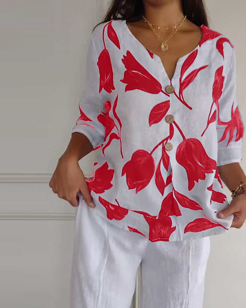 Chemisier en coton et lin à imprimé floral
