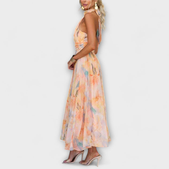 Klara | Robe Maxi avec Décolleté Halter et Motif Aquarelle
