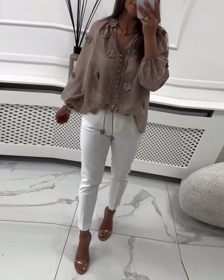 Blouse Unie Fleurs 3D avec Lacets