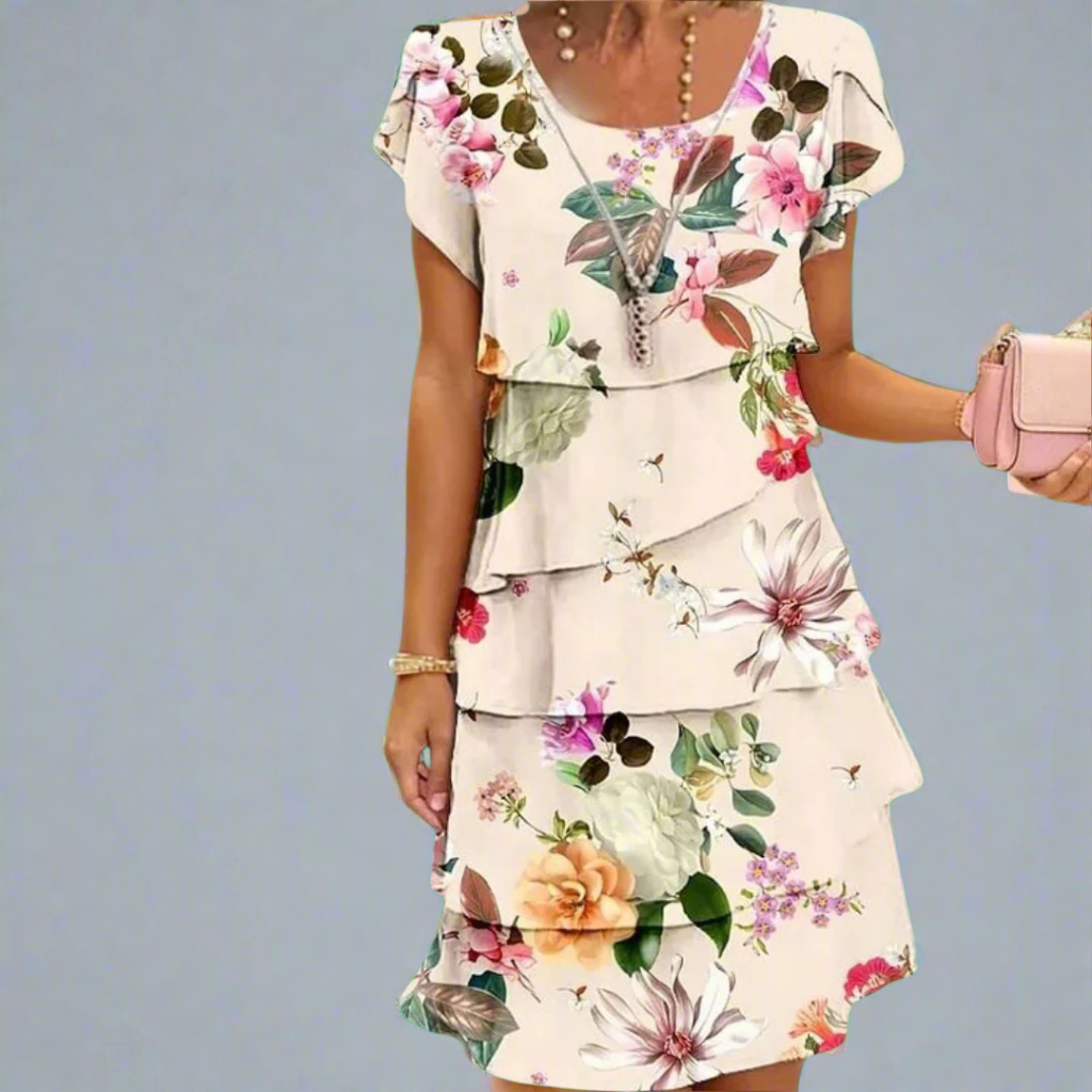 Robe Plissée à Imprimé Floral Sable - Col Rond