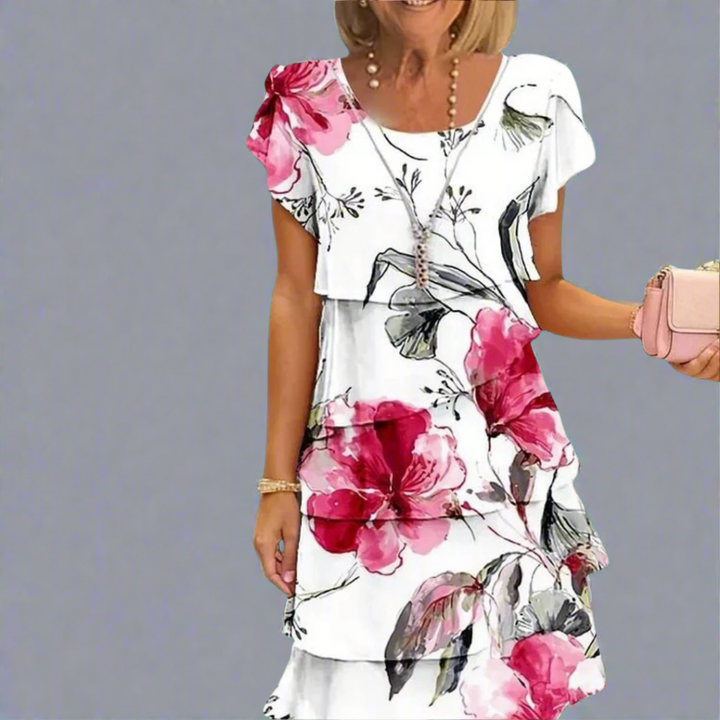 Robe Plissée à Imprimé Floral Sable - Col Rond