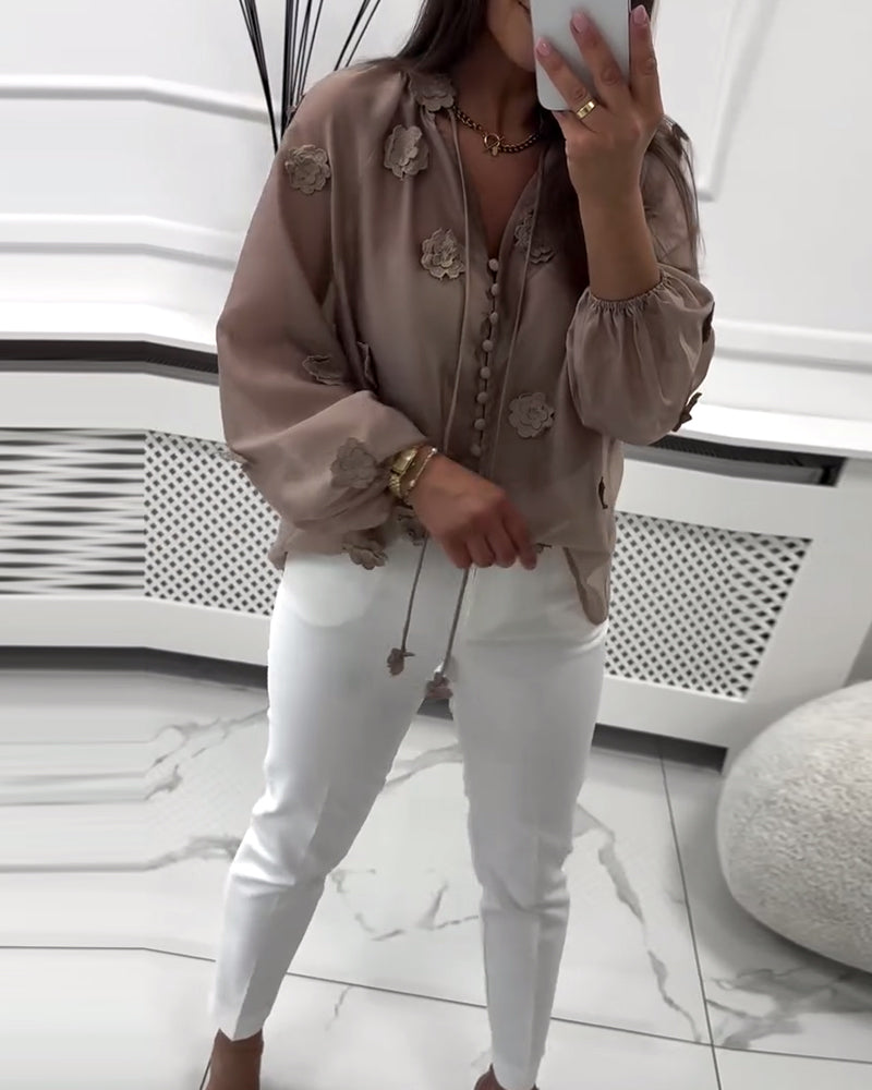 Blouse Unie Fleurs 3D avec Lacets