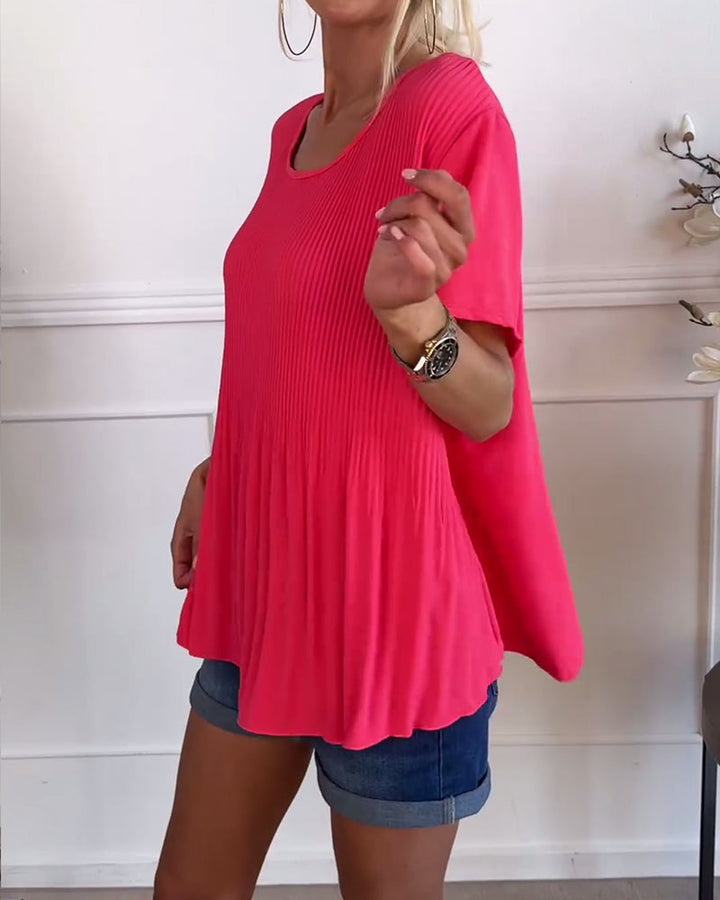 Uni Plissé Round Neck Blouse