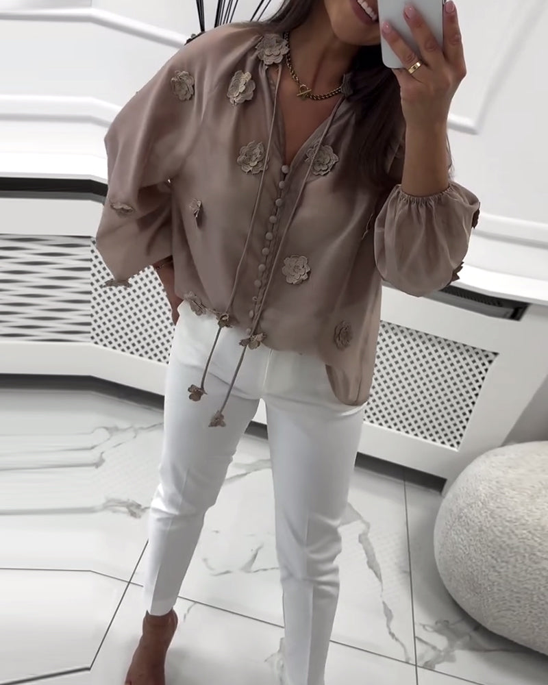 Blouse Unie Fleurs 3D avec Lacets