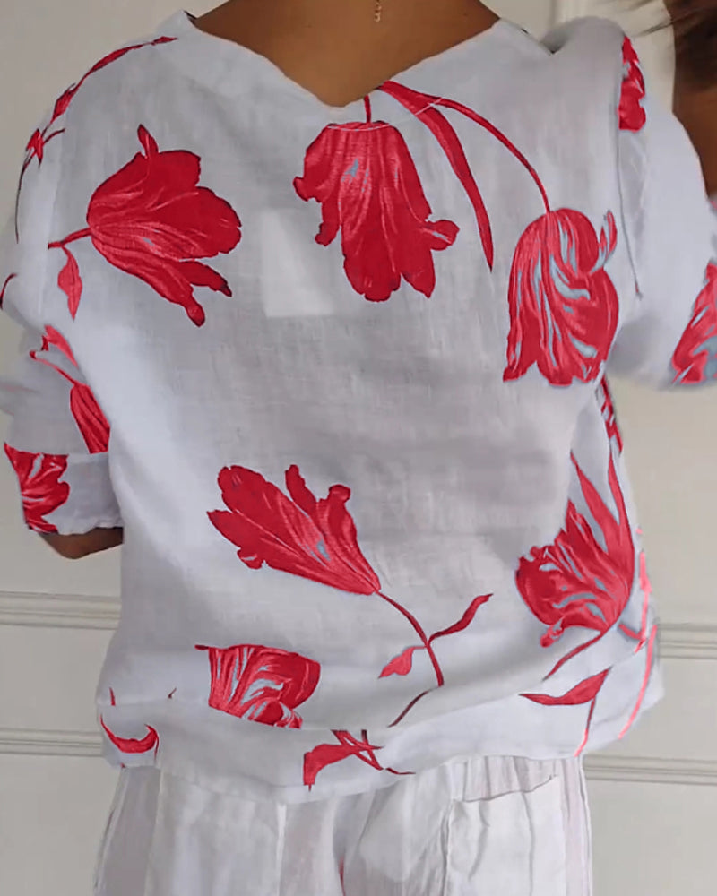Chemisier en coton et lin à imprimé floral