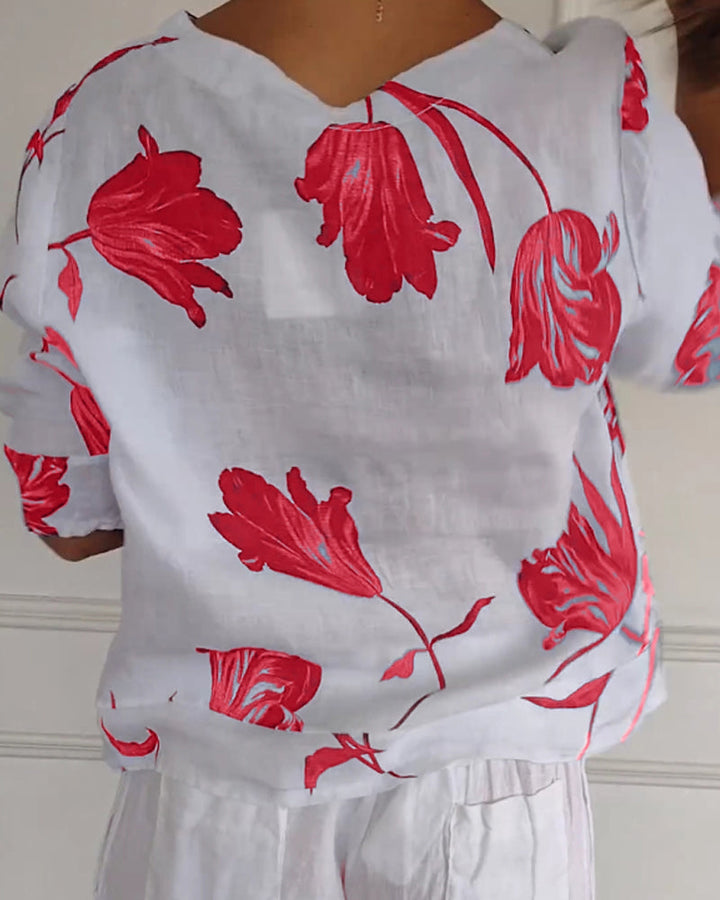 Chemisier en coton et lin à imprimé floral