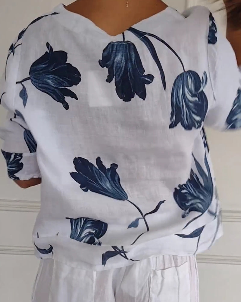 Chemisier en coton et lin à imprimé floral