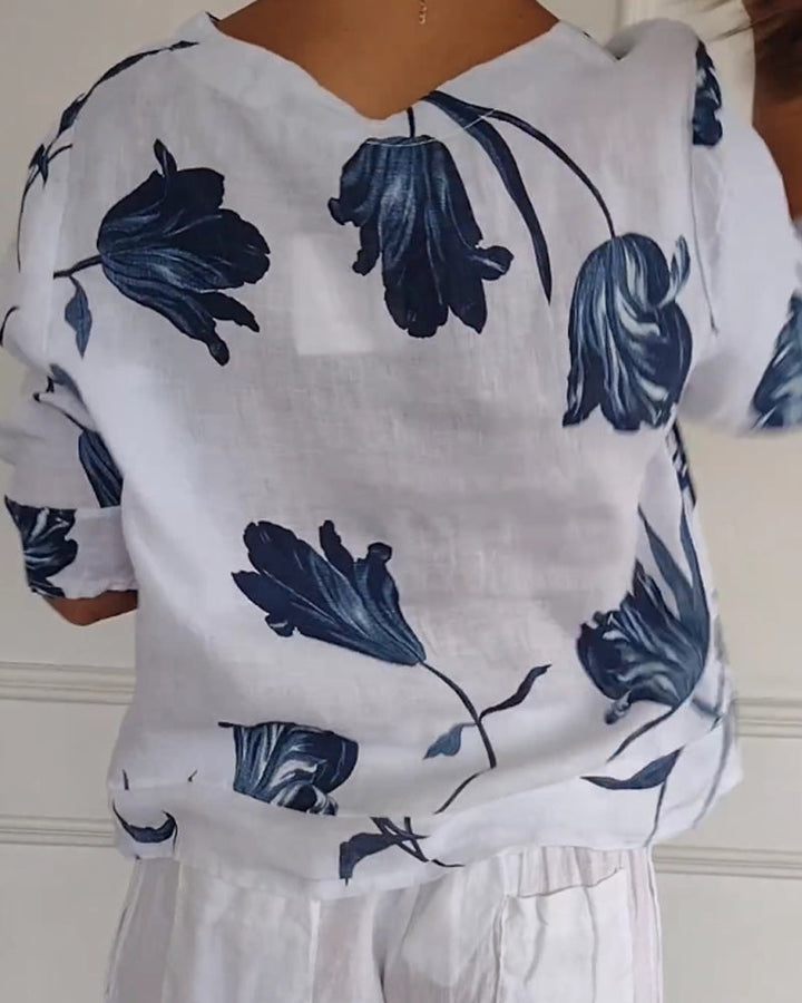 Chemisier en coton et lin à imprimé floral