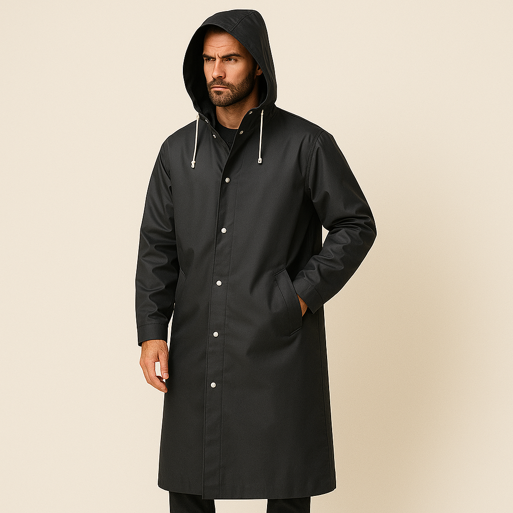 Imperméable long pour homme | Manteau à capuche avec fermeture avant