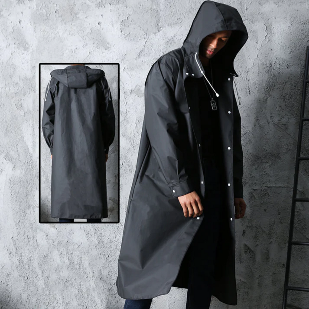 Imperméable long pour homme | Manteau à capuche avec fermeture avant