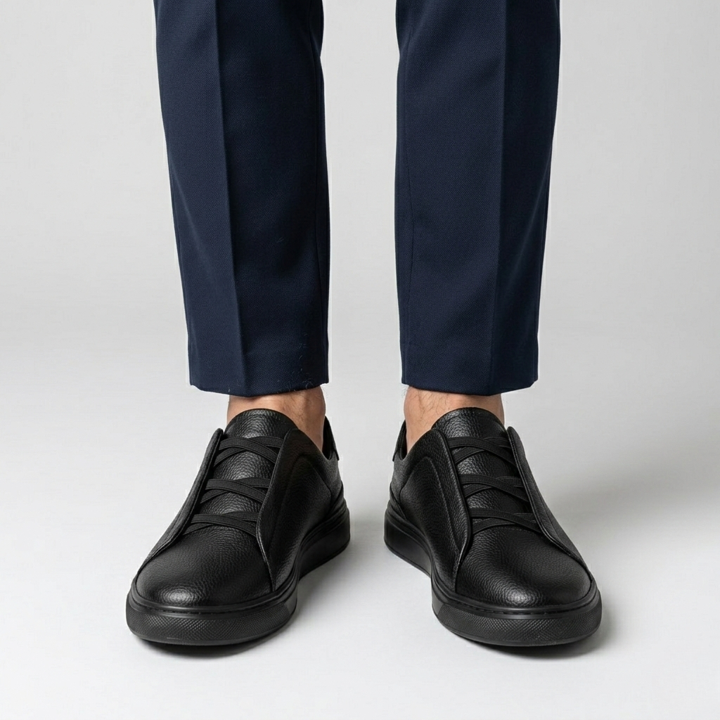 Baskets en cuir pour hommes avec lacets élastiques et semelles confortables 0