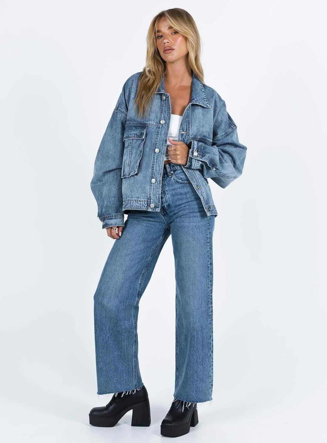 Blazer oversize en denim bleu pour femme, effet rétro 0