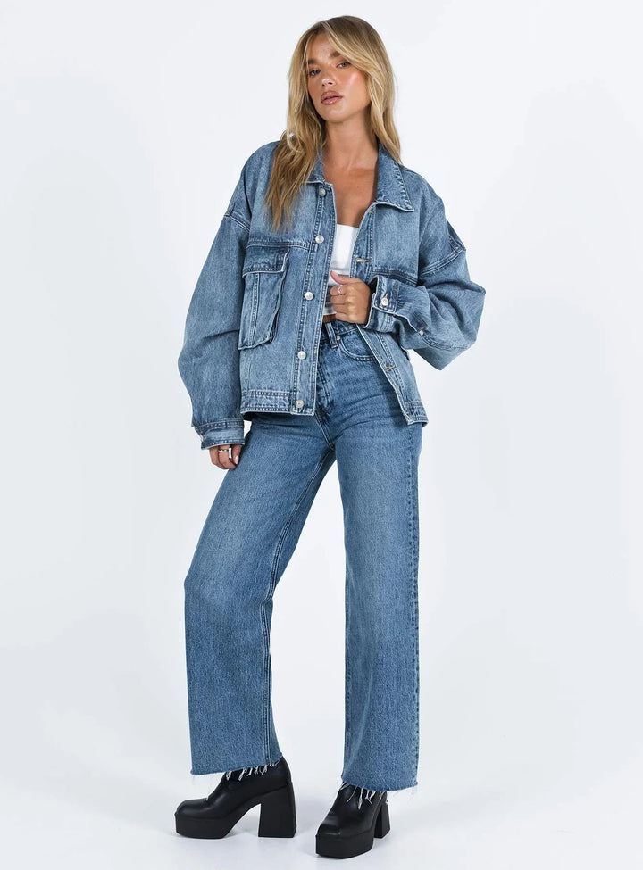 Blazer oversize en denim bleu pour femme, effet rétro 0